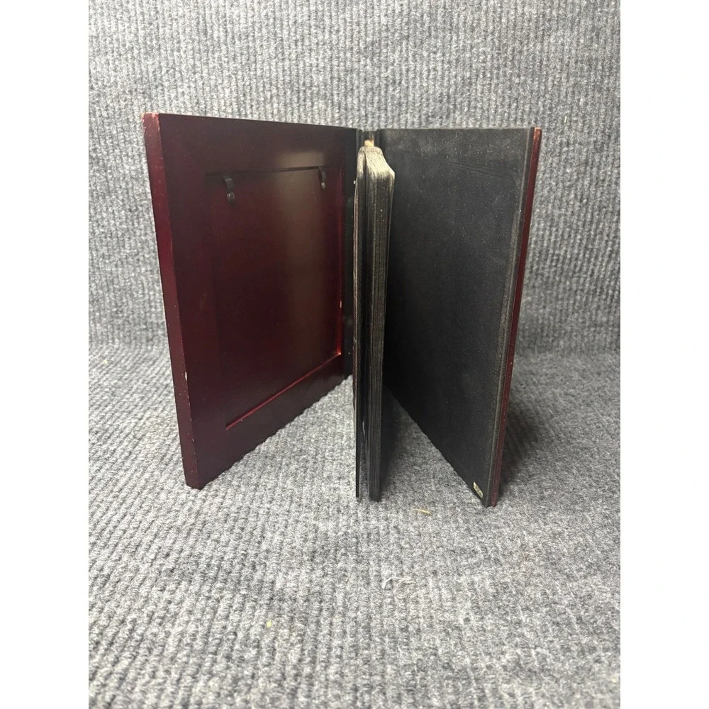 Vintage Bombay Wooden Photo Album Burgundy Gold Trim 5 Collage Cover 4x6